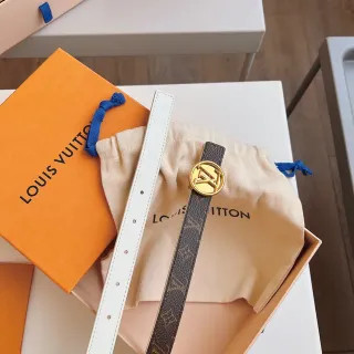 Louis Vuitton भूरा सफेद Monogram कैनवास गोल्ड-टोन सर्कुलर LV बकल लेदर बेल्ट