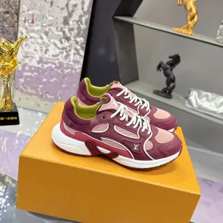 Louis Vuitton Burgundy Pink Sole Layered Leather-Mesh Construction Chunky Sneakers