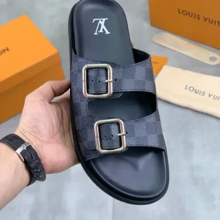 Louis Vuitton Double Buckle Slide Dark Gray Damier Graphite Slippers