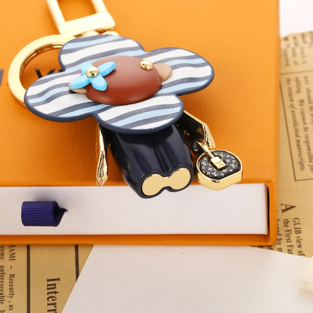 Louis Vuitton Flower Charm sac à main cuir rayé bleu marron avec quincaillerie dorée 2