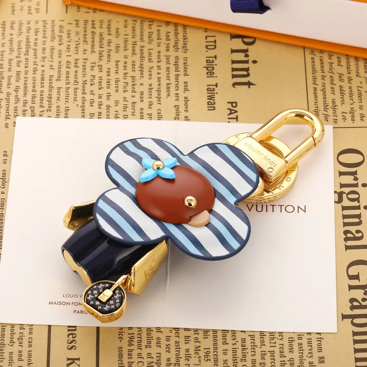 Louis Vuitton Flower Charm sac à main cuir rayé bleu marron avec quincaillerie dorée 9