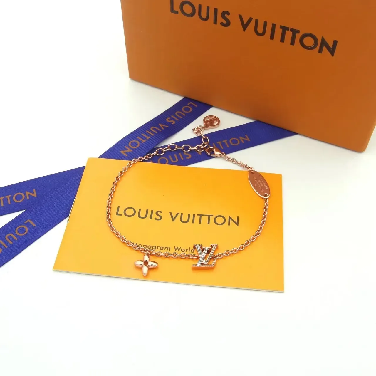 Louis Vuitton Gold Blue Chain-Link Monogram Charm Bracelet 2