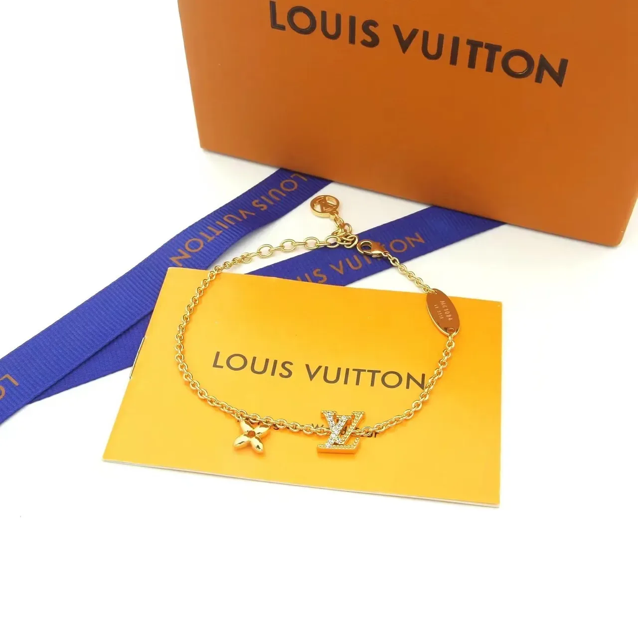 Louis Vuitton Gold Blue Chain-Link Monogram Charm Bracelet 4