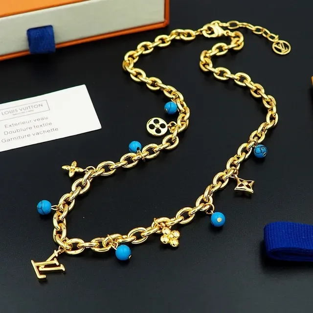 Louis Vuitton Gold Blue Chunky Oval-Link Chain Multi-Charm Pendant Necklace 4