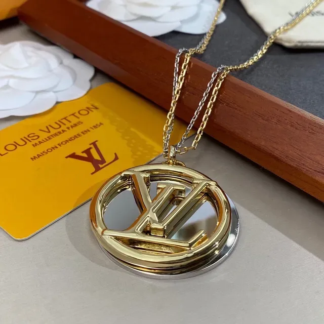 Louis Vuitton Gold Silver Circular Pendant Interlocking LV Monogram Necklace 2