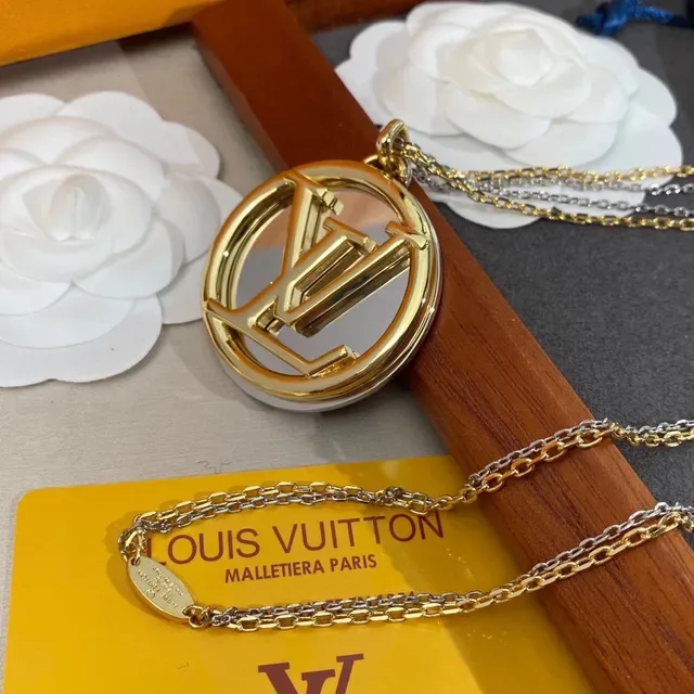 Louis Vuitton Gold Silver Circular Pendant Interlocking LV Monogram Necklace 6