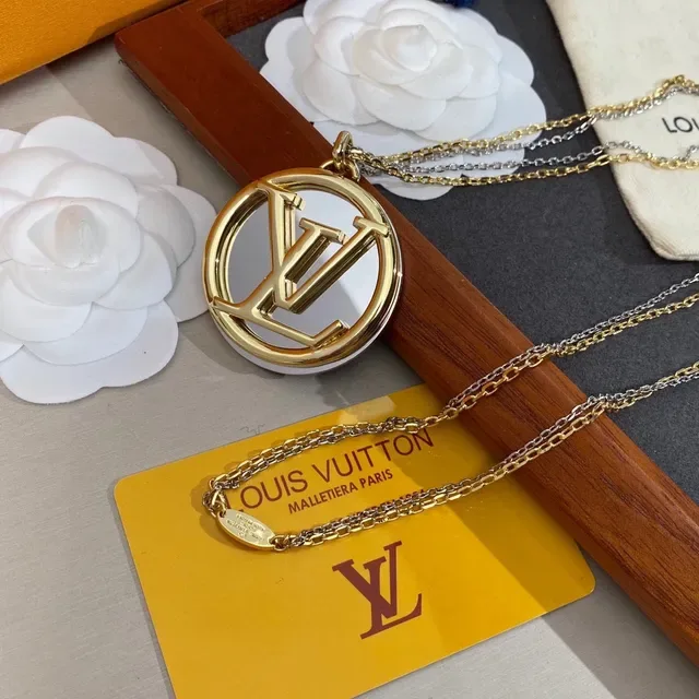 Louis Vuitton Gold Silver Circular Pendant Interlocking LV Monogram Necklace 7
