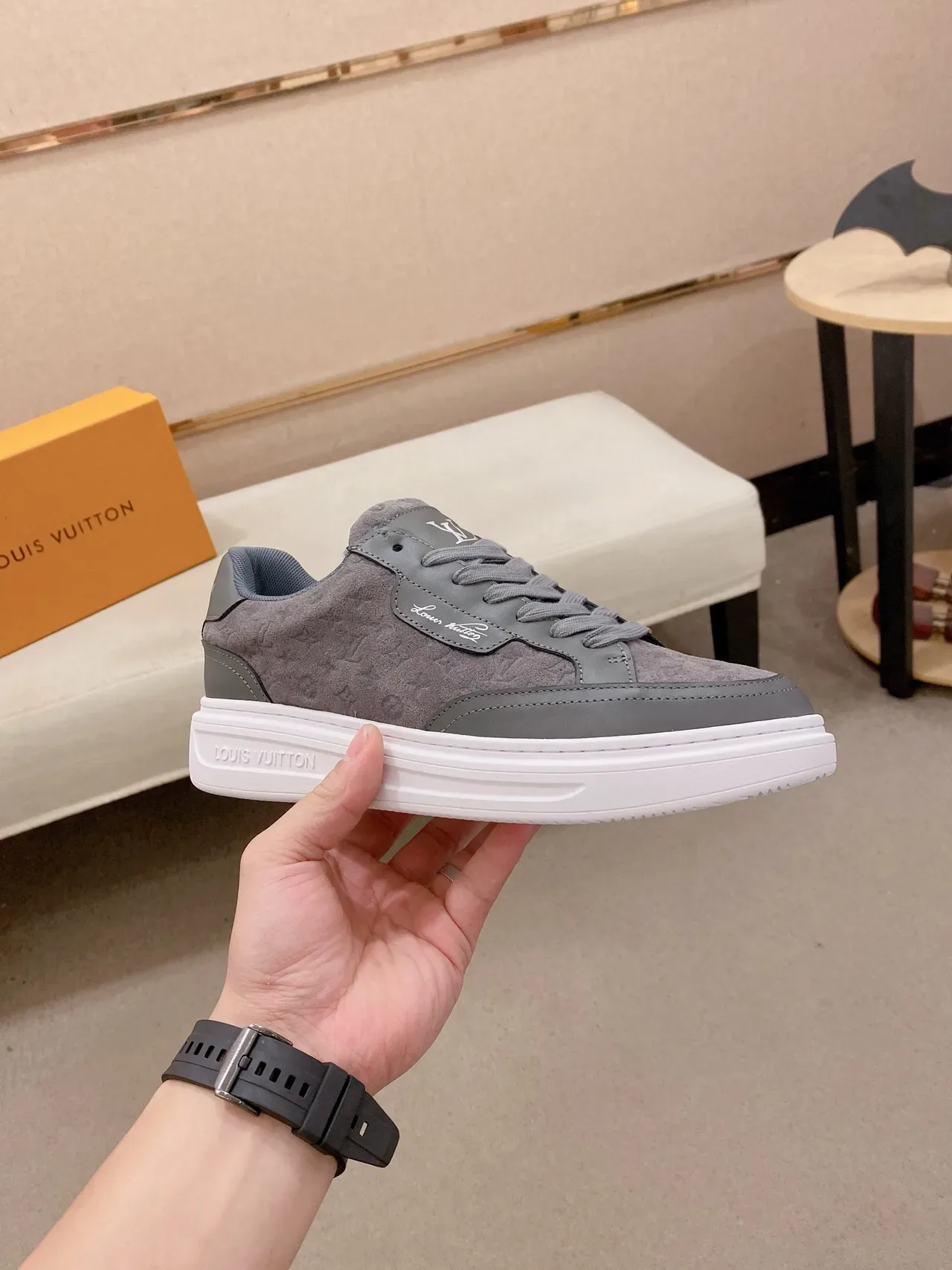 Louis Vuitton Gray White Low-Top Monogrammed Suede Lifestyle Sneakers 5