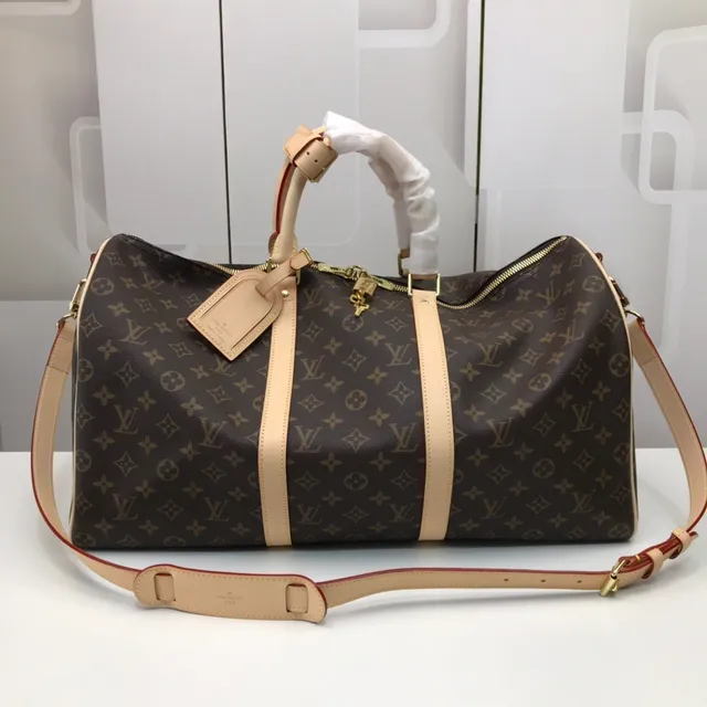 Louis Vuitton Keepall Bandoulière Monogram Canvas Marrón y Tan Duffle Bag 19