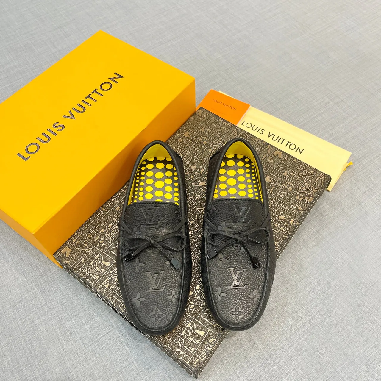 Louis Vuitton Loafer Black Yellow Monogram-Embossed Leather Decorative Bow Loafer 6