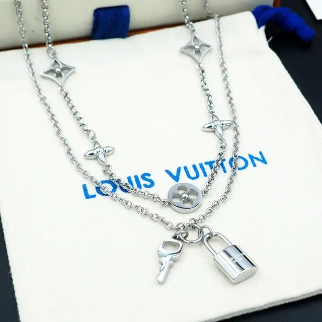 Louis Vuitton Lockit Silver Blue Multi-Chain Quatrefoil Charms Necklace 2