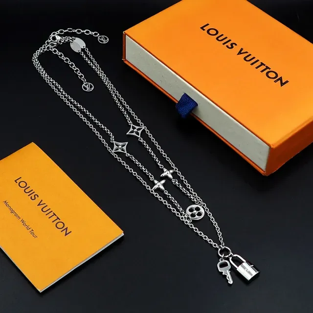 Louis Vuitton Lockit Silver Blue Multi-Chain Quatrefoil Charms Necklace 5