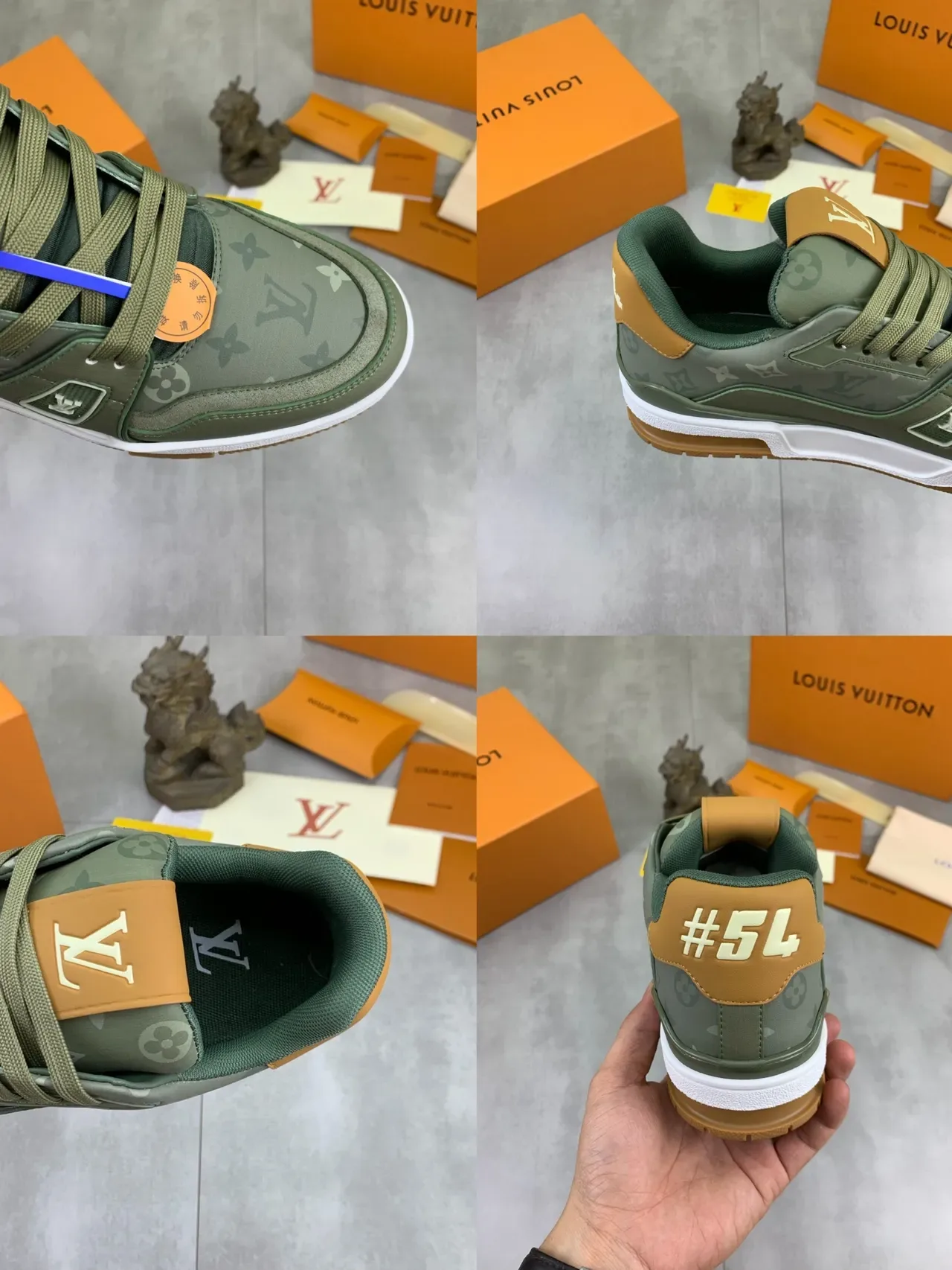 لويس فيتون LV Trainer حذاء لايف ستايل أخضر عسكري بيج مطبوع بمونوجرام في الأعلى وطبقات مركبة صناعية 3