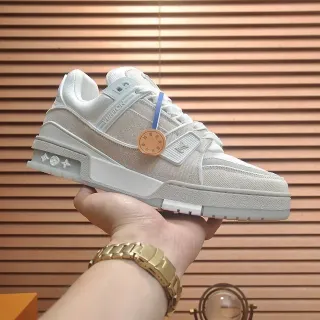 Louis Vuitton LV Trainer Beige Blanco Monograma Jacquard Upper Layered Sculpted Midsole Lifestyle Sneakers
