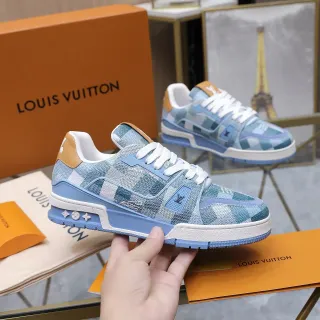 Louis Vuitton LV Trainer Zapatillas Lifestyle Azul Beige Patchwork Jacquard Upper Layered Midsole