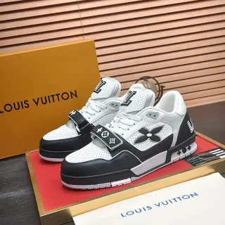 Louis Vuitton LV Trainer Branco Preto Couro Perfurado Parte Superior Fecho Dupla Tira Tênis Lifestyle