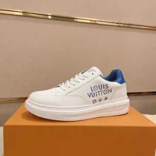 Louis Vuitton LV Trainer Blanco Azul Cuero Superior Marca Lateral Bold Lifestyle Sneakers