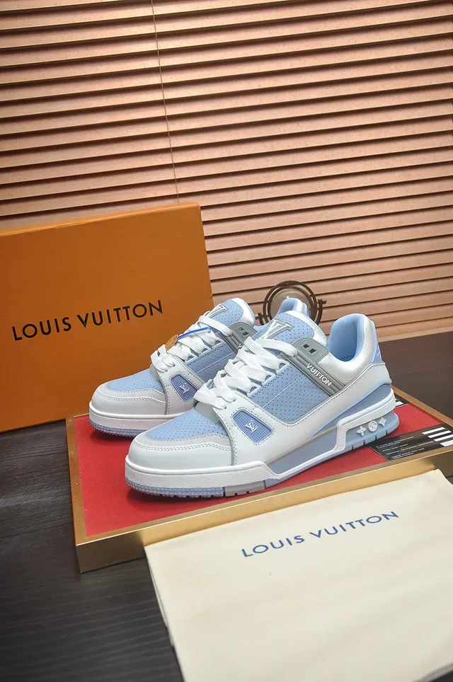 Louis Vuitton LV Trainer White Blue Structured Layered Midsole Perforated Mesh Panels Lifestyle Sneakers 4