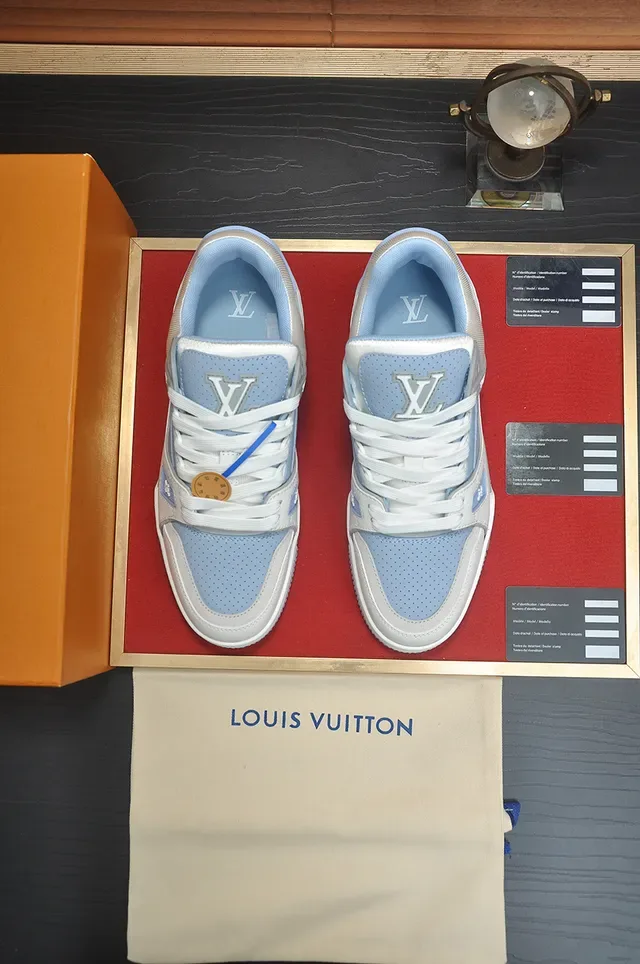Louis Vuitton LV Trainer White Blue Structured Layered Midsole Perforated Mesh Panels Lifestyle Sneakers 5