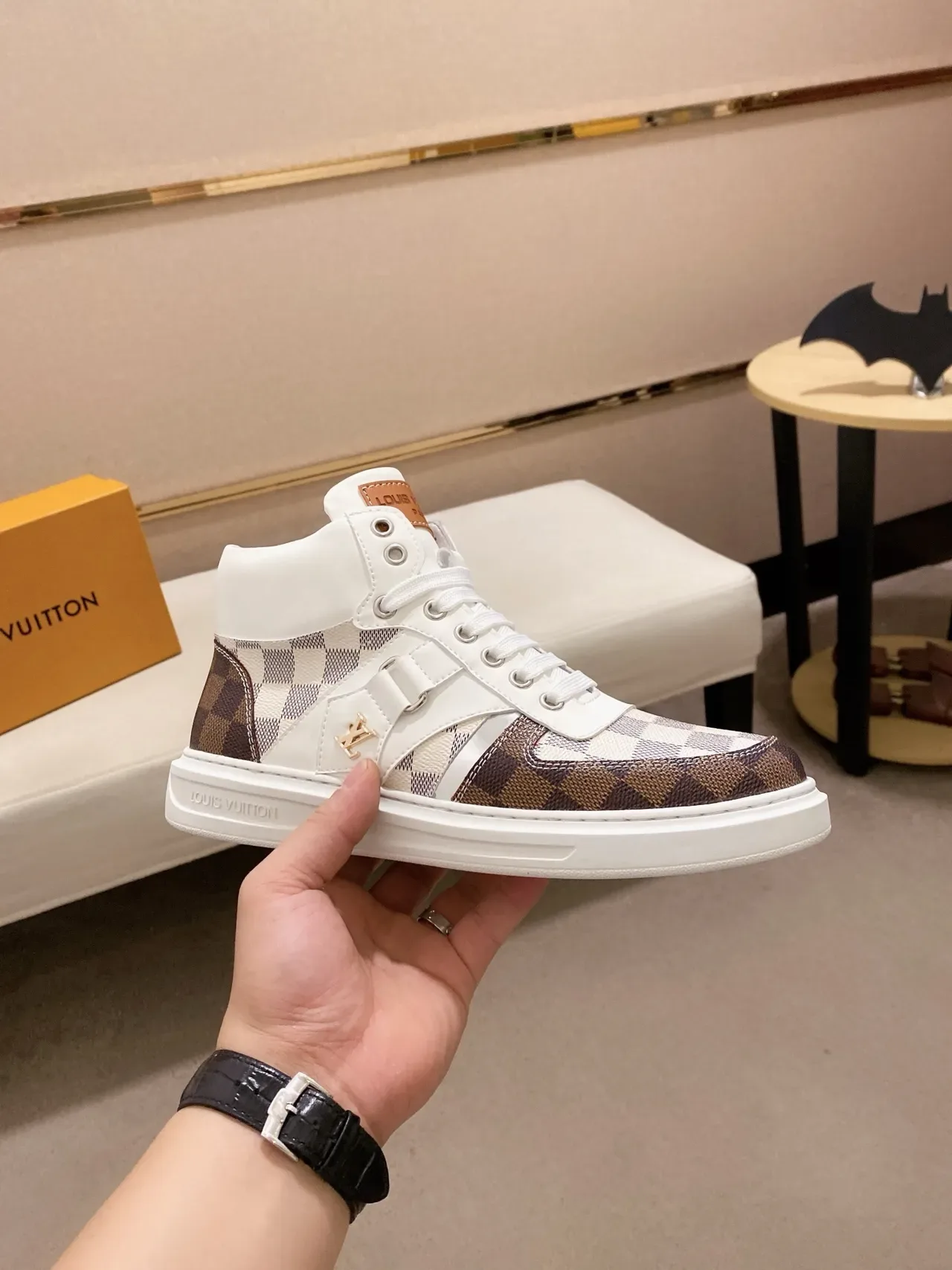 Louis Vuitton LV Trainer White Brown High-Top Damier Canvas Lifestyle Sneakers 4
