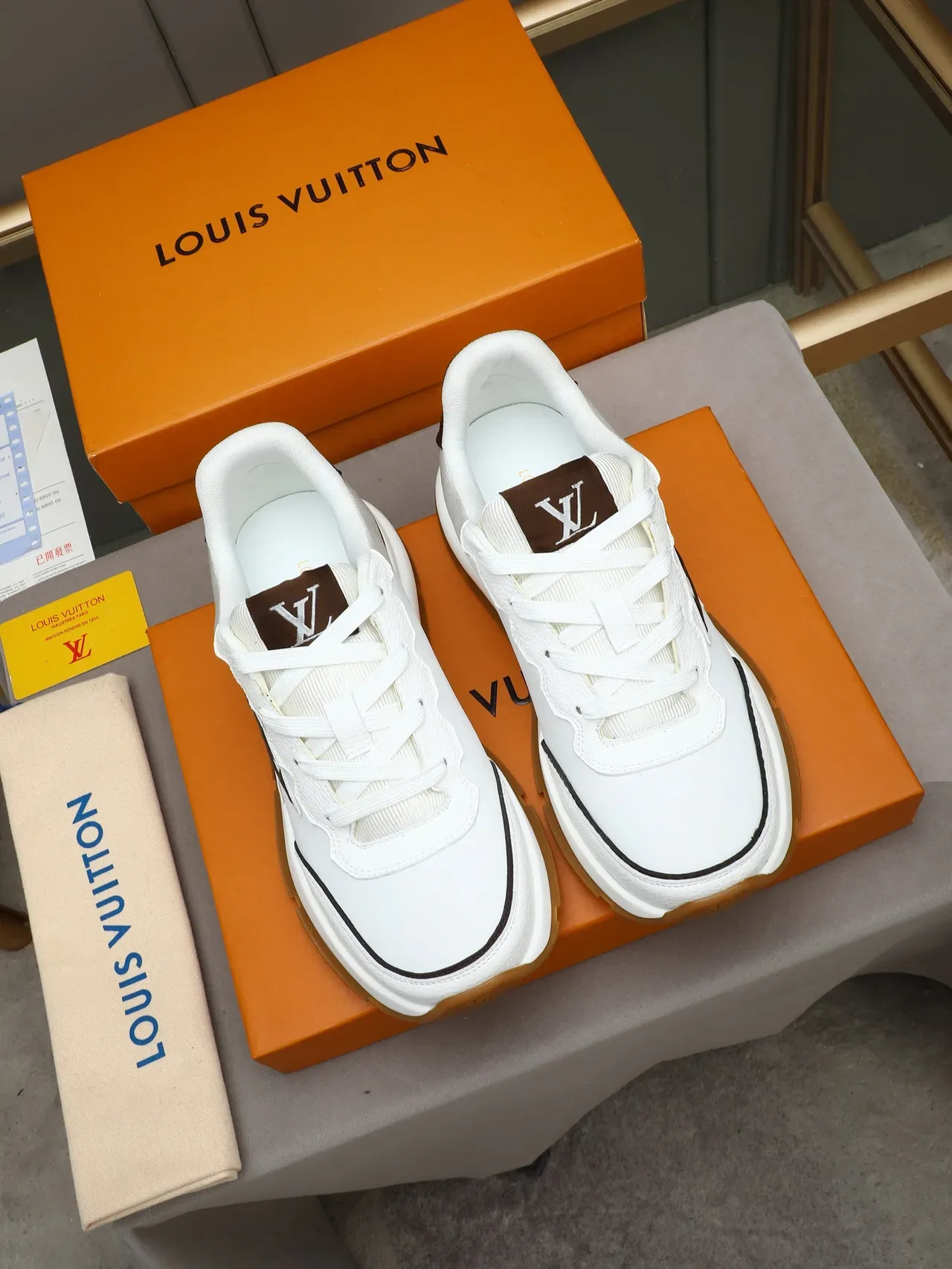 Louis Vuitton LV Trainer White Brown Monogrammed Side Panel Wavy Collar Trim Lifestyle Sneakers 3