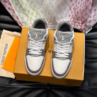 Louis Vuitton LV Trainer White Gray Low-Top Layered Leather-Suede Construction Sneakers