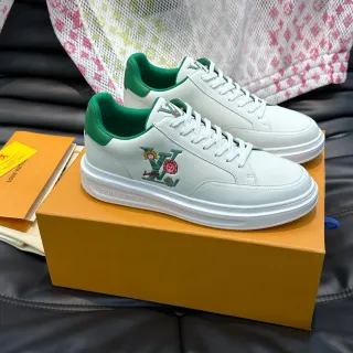 Louis Vuitton LV Trainer Zapatillas Blancas Verdes Cuero Low-Top Bordadas Floral Monogram Estilo de Vida