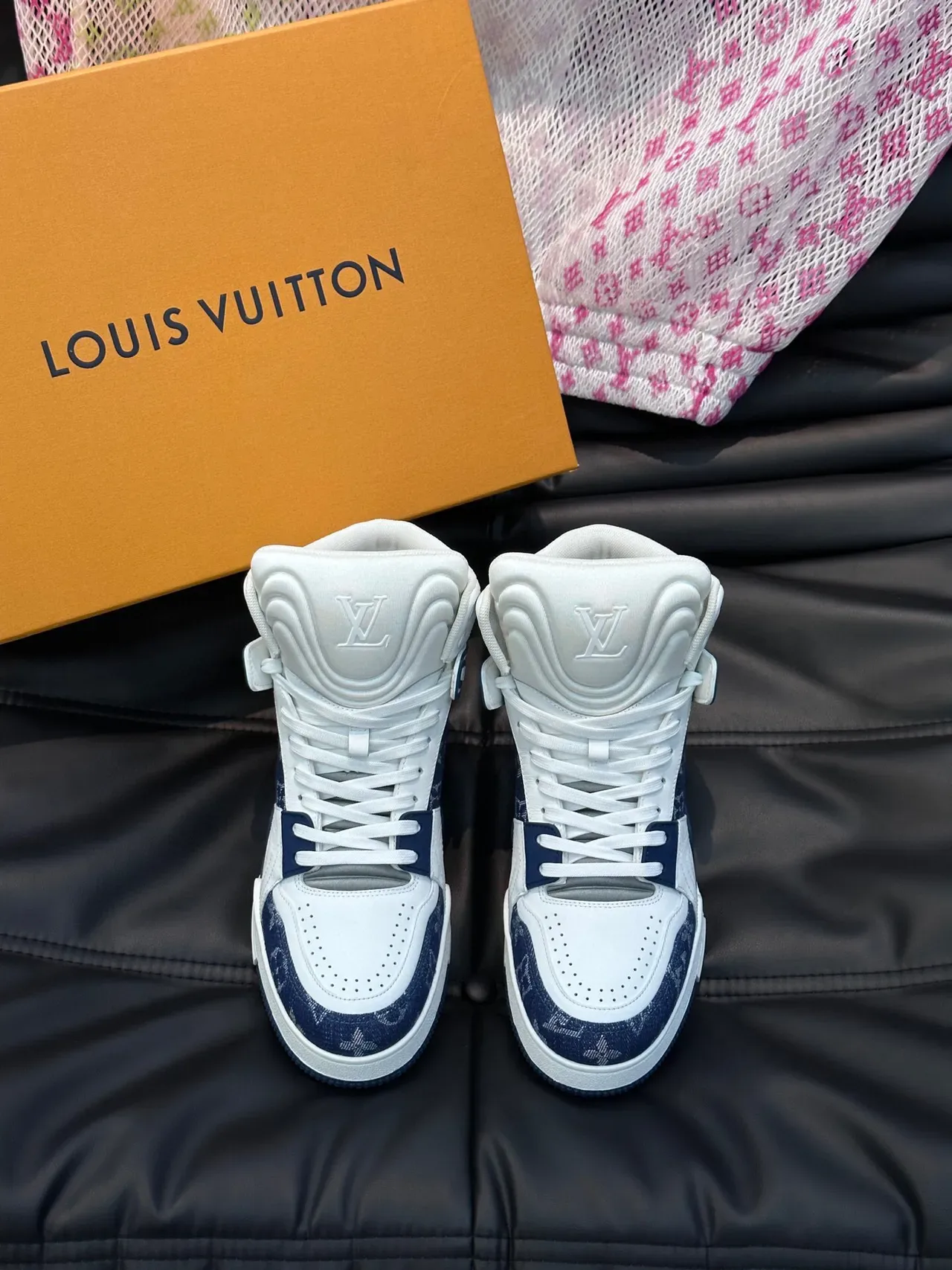 Louis Vuitton LV Trainer White Navy High-Top Monogram Canvas Lifestyle Sneakers 2