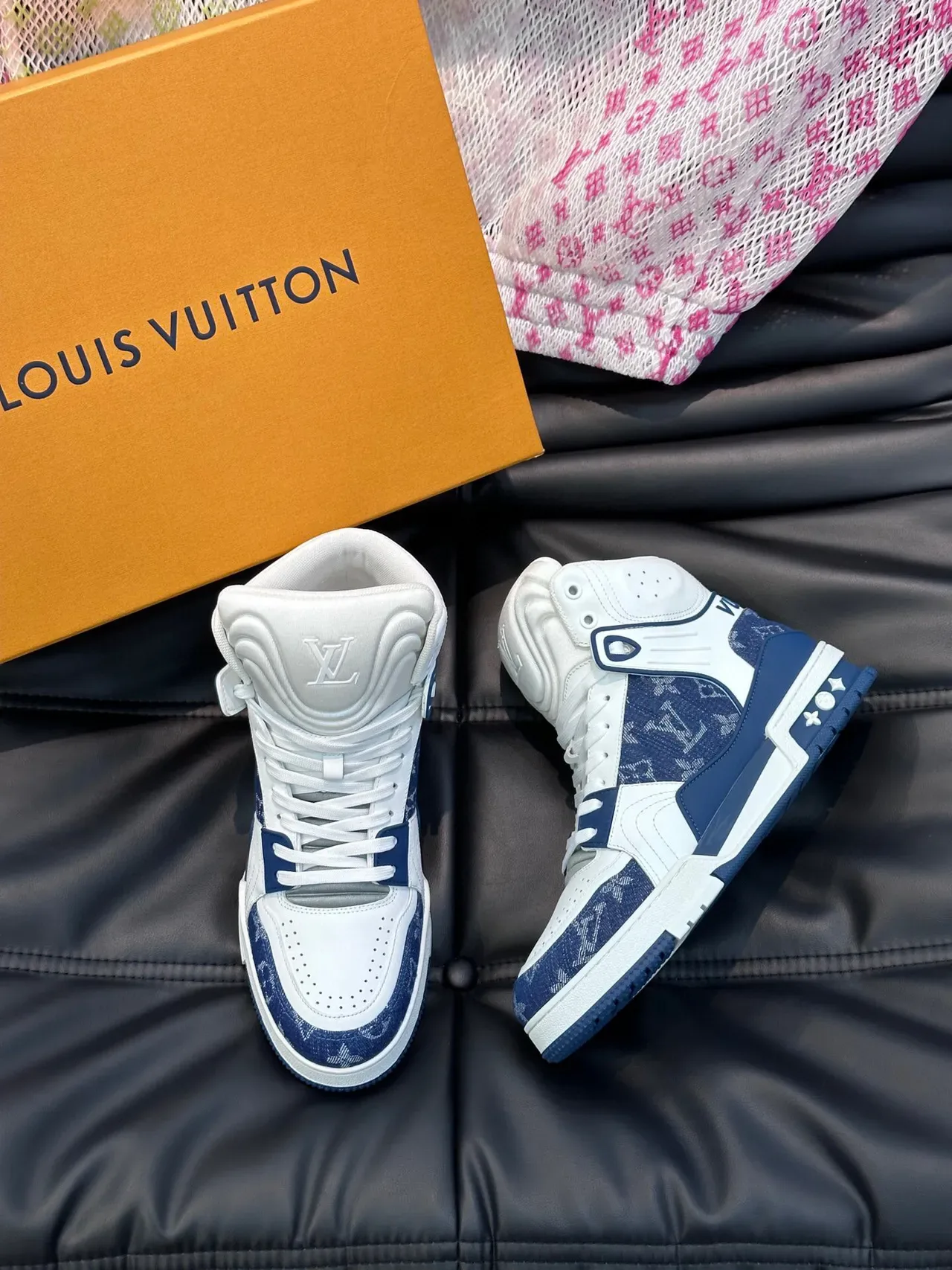 Louis Vuitton LV Trainer White Navy High-Top Monogram Canvas Lifestyle Sneakers 3