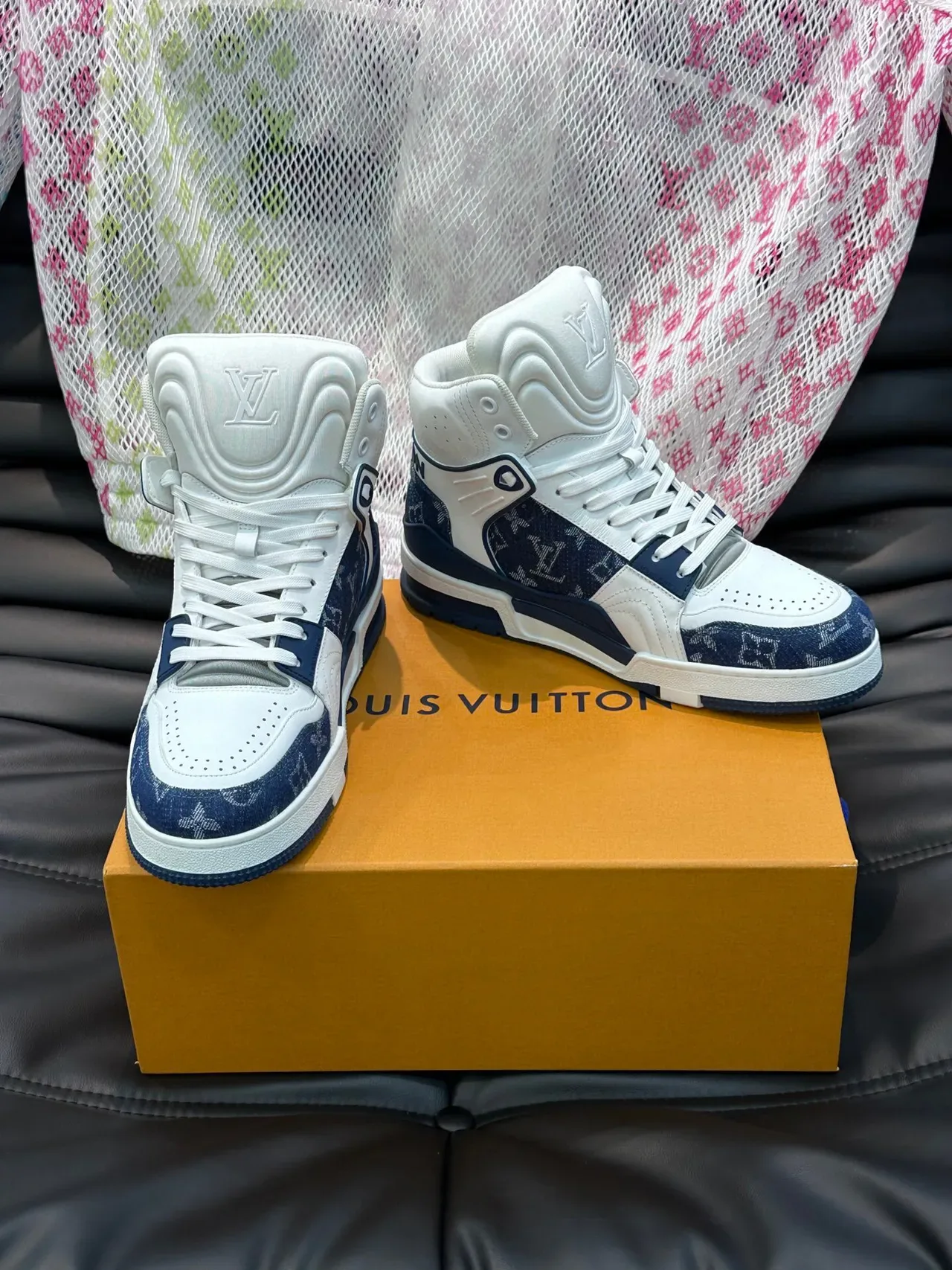 Louis Vuitton LV Trainer White Navy High-Top Monogram Canvas Lifestyle Sneakers 4