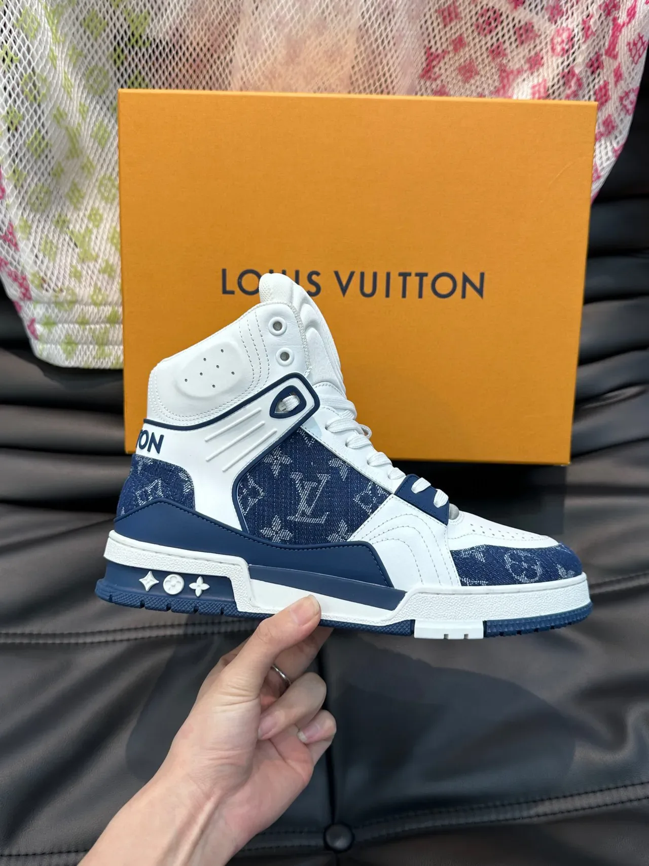 Louis Vuitton LV Trainer White Navy High-Top Monogram Canvas Lifestyle Sneakers 5