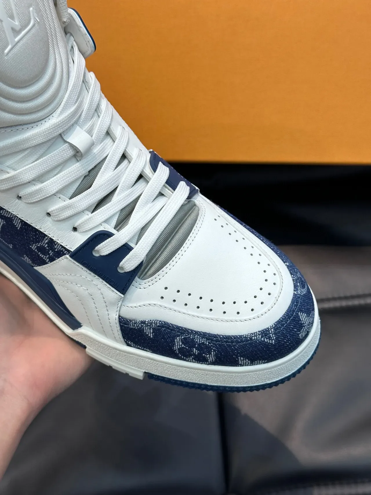 Louis Vuitton LV Trainer White Navy High-Top Monogram Canvas Lifestyle Sneakers 7