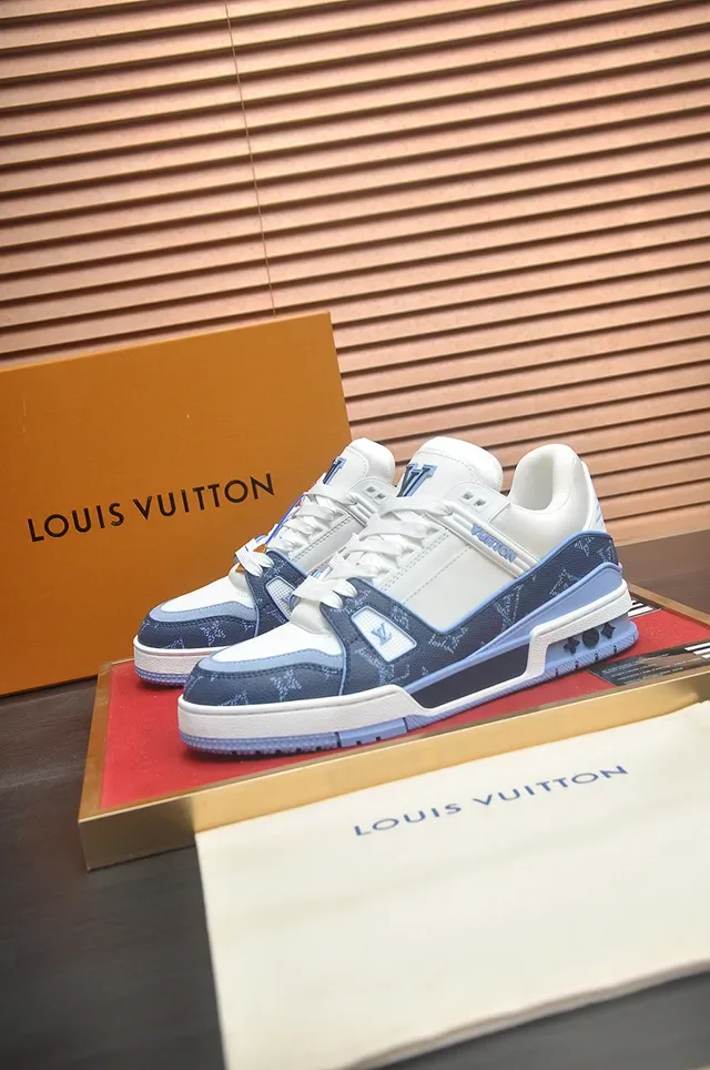 Louis Vuitton LV Trainer White Navy Monogrammed Textile Layered Midsole Lifestyle Sneakers 4