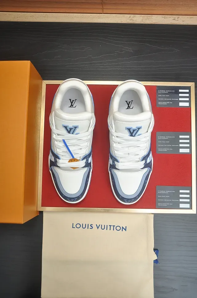 Louis Vuitton LV Trainer White Navy Monogrammed Textile Layered Midsole Lifestyle Sneakers 5