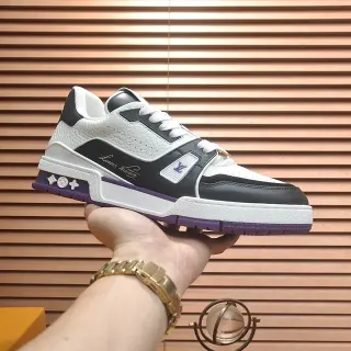 Louis Vuitton LV Trainer Branco Roxo Multi-Panel Couro Superior Sola Esculpida Lifestyle Sneakers