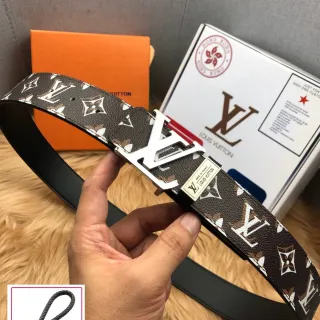 लुई विटन मोनोग्राम बेल्ट भूरा सफेद कैनवास चांदी टोन LV-Turn Buckle चमड़ा बेल्ट