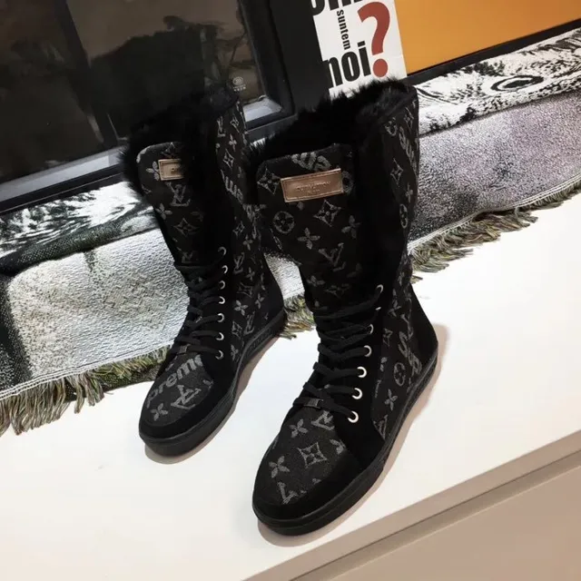 Louis Vuitton Monogram Canvas Shearling-Cuff Knee Boots 9
