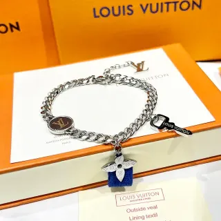 Louis Vuitton سلسلة Monogram فضي أزرق سلسلة كرب سميكة سوار قرص بيضاوي Monogrammed