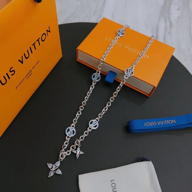 Louis Vuitton Monogram Chain Silver Crystal Floral Necklace 9