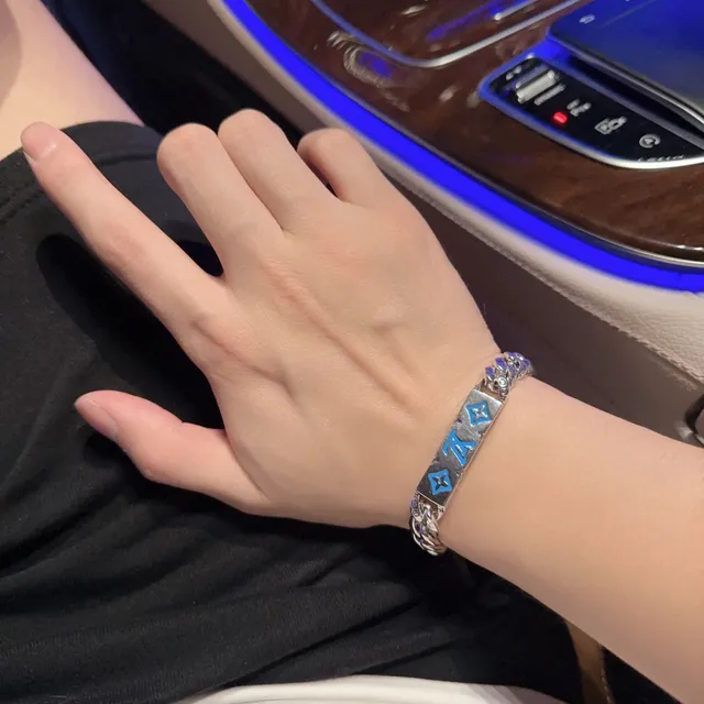Louis Vuitton Monogram Curb Chain Silver and Blue Enamel Bracelet 2