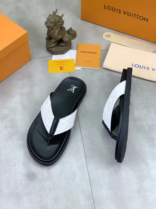 Louis Vuitton Monogram-Embossed Black and White Thong Slippers 4