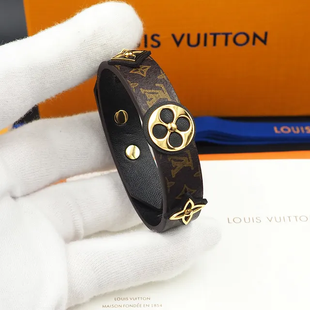 Louis Vuitton Monogram Pulsera de Flor Marrón y Oro de Cuero 3