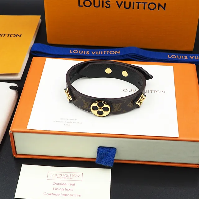 Louis Vuitton Monogram Pulsera de Flor Marrón y Oro de Cuero 8