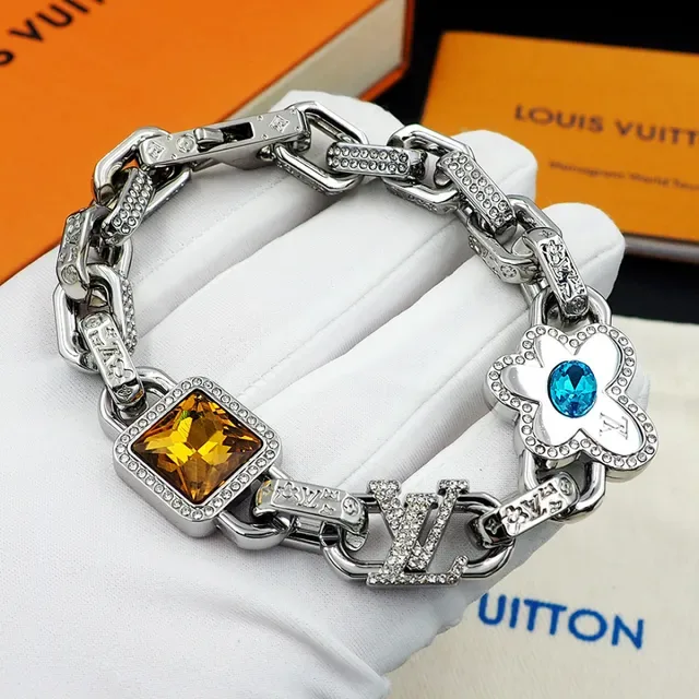 Louis Vuitton Monogram Flower Silver Multicolor Chunky Chain-Link Pavé-Crystal Embellished Bracelet 1