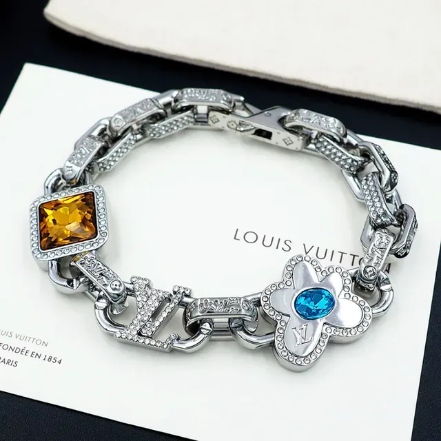 Louis Vuitton Monogram Flower Silver Multicolor Chunky Chain-Link Pavé-Crystal Embellished Bracelet 4