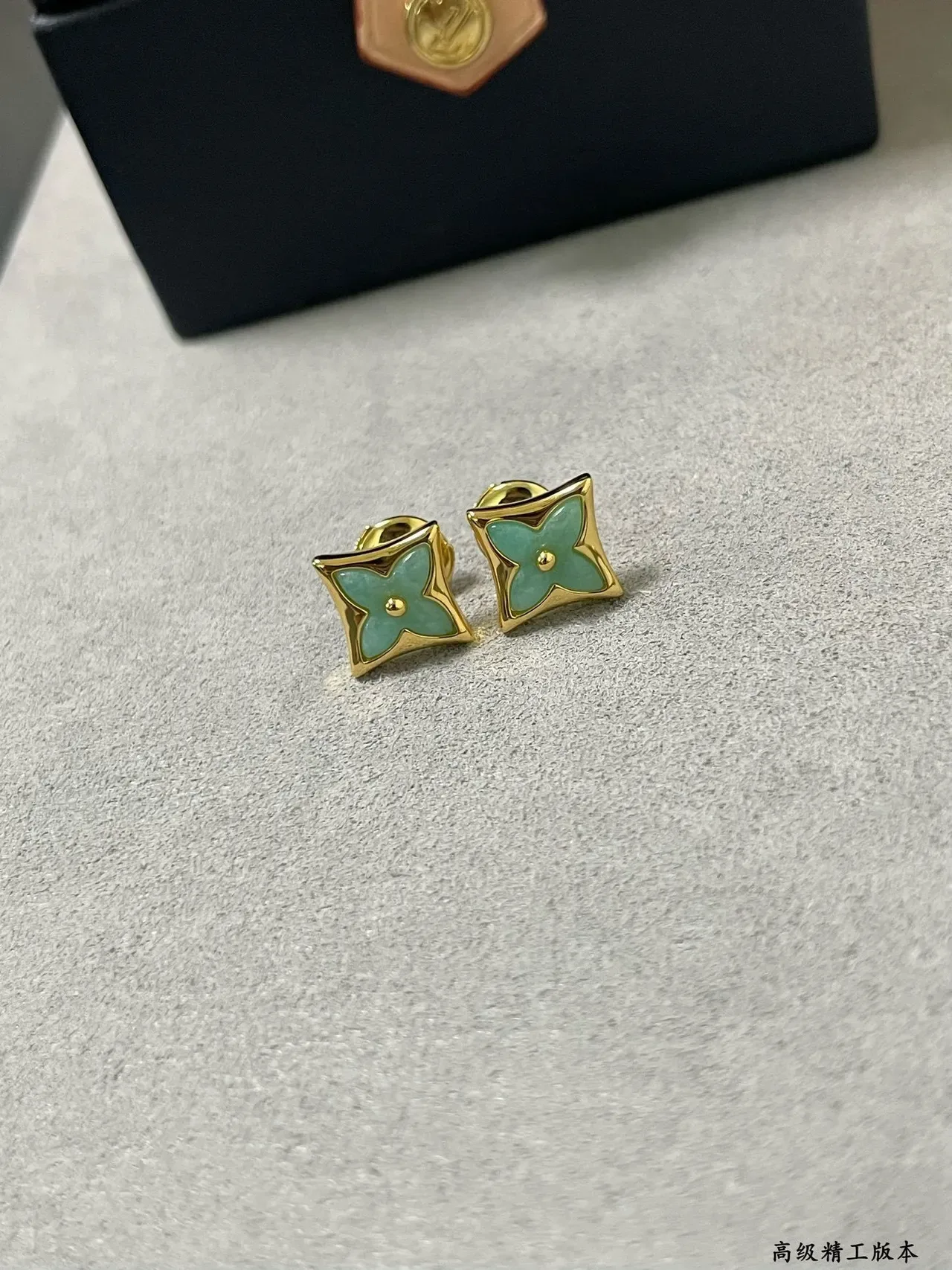 Louis Vuitton Monogram Flower Turquoise Enamel Square Stud Earrings 5