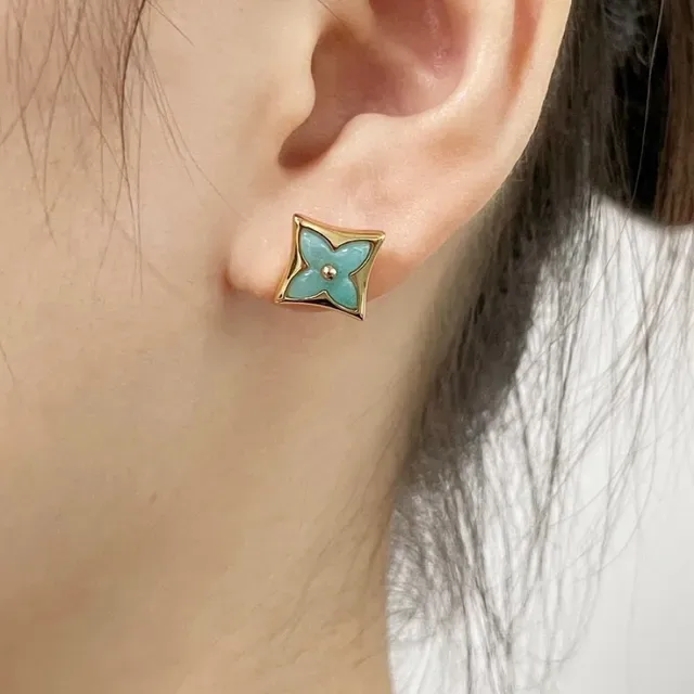Louis Vuitton Monogram Flower Turquoise Enamel Square Stud Earrings 9