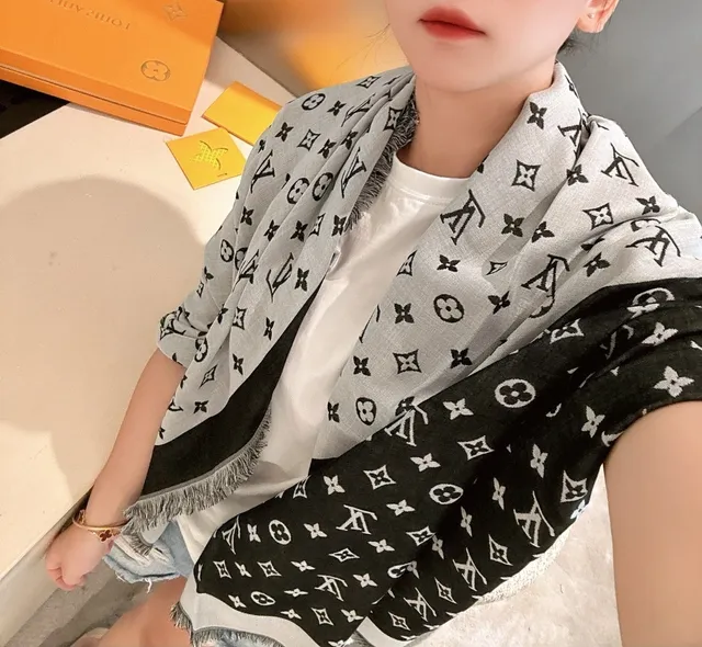 Louis Vuitton Monogram Print Scarf Black Gray Two-Tone Silk Scarf 3