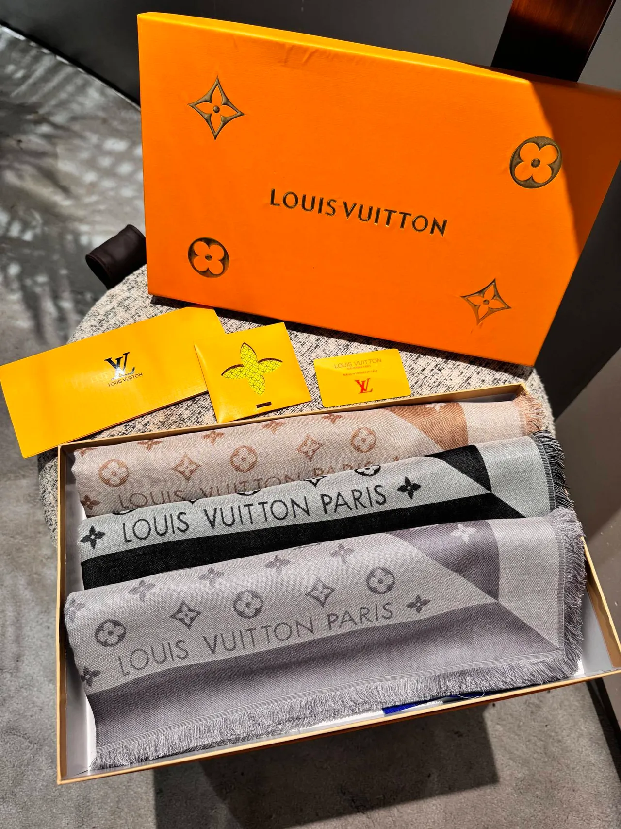 Louis Vuitton Monogram Print Scarf Black Gray Two-Tone Silk Scarf 4