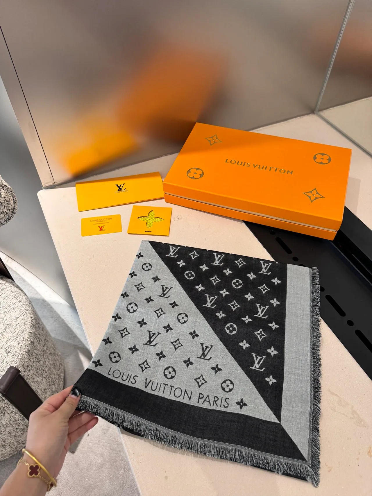 Louis Vuitton Monogram Print Scarf Black Gray Two-Tone Silk Scarf 6